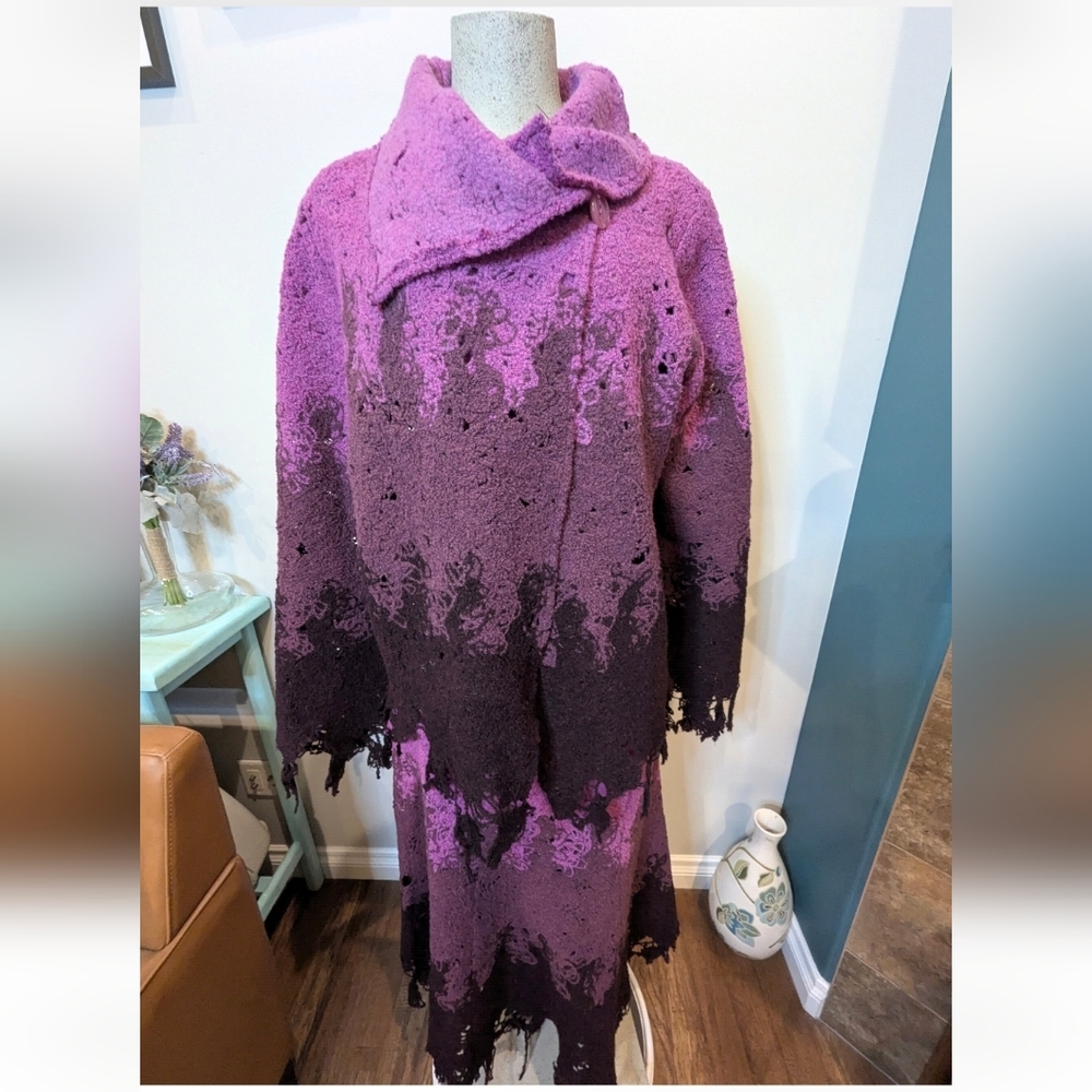 Simon Chang Vintage Designer Avant Garde Wool Skirt & Sweater Set Purple Sz L - Picture 3 of 17